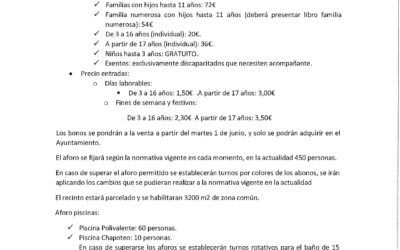 Información previa en relación a la apertura de las piscinas municipales en el verano de 2021
