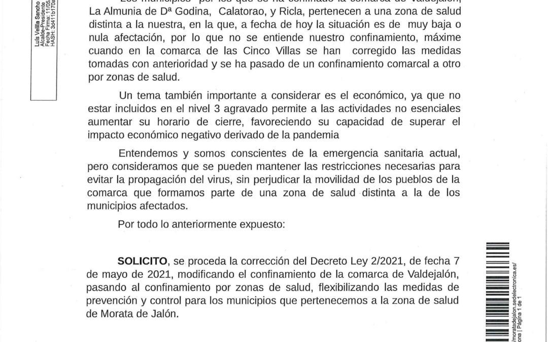 El Ayuntamiento de Morata de Jalón presenta una solicitud ante la Consejería de Sanidad del Gobierno de Aragón para que se levante el confinamiento en Morata al NO existir casos.