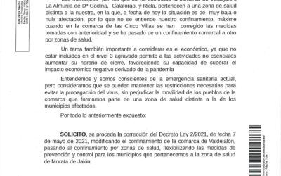 El Ayuntamiento de Morata de Jalón presenta una solicitud ante la Consejería de Sanidad del Gobierno de Aragón para que se levante el confinamiento en Morata al NO existir casos.