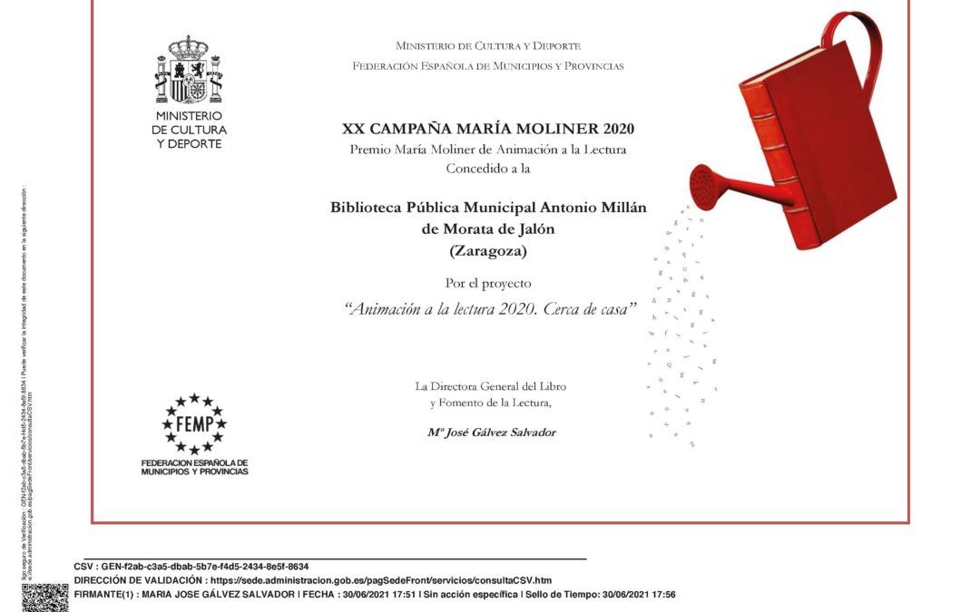 La biblioteca de Morata galardonada con el premio de la XX Campaña María Moliner 2020