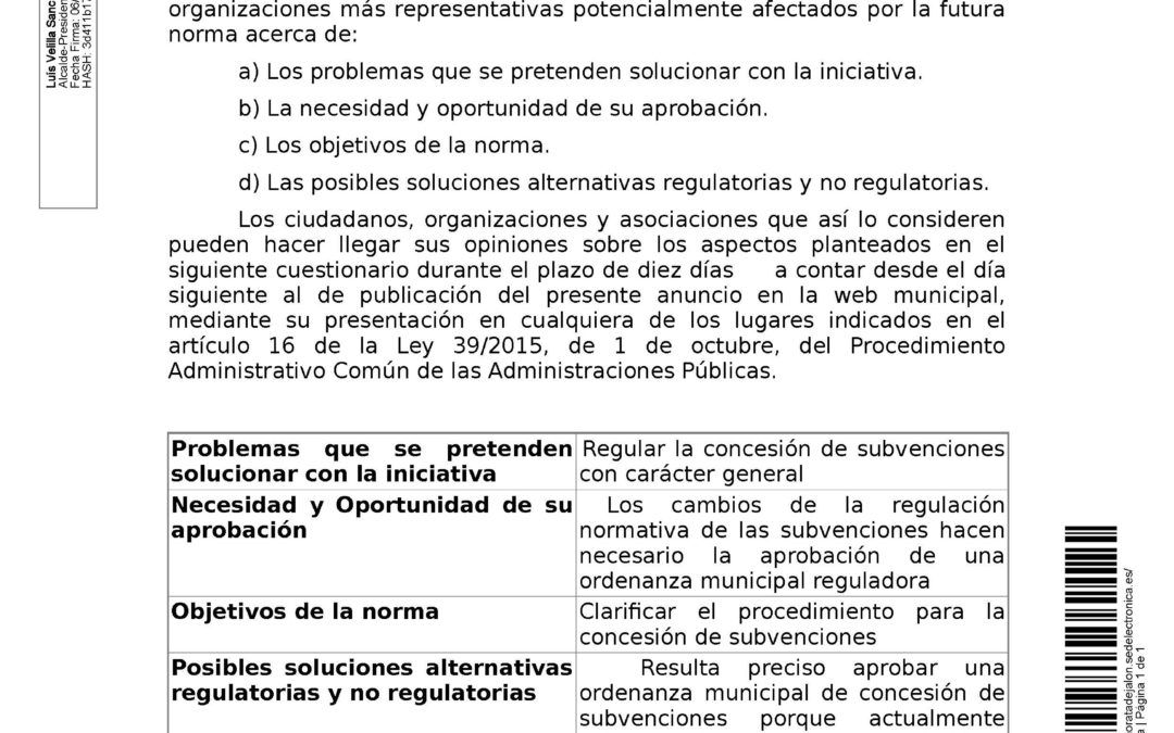 Anuncio relativo a la consulta pública para la elaboración de la Ordenanza General Reguladora de la Concesión de Subvenciones